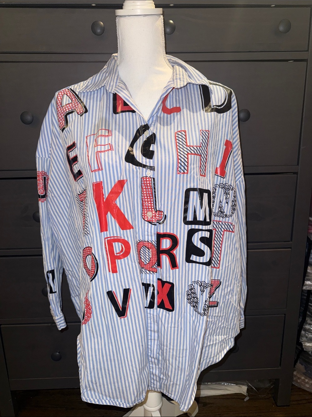 Signature 8 Blue White Striped Typography Oversized Button Down Shirt